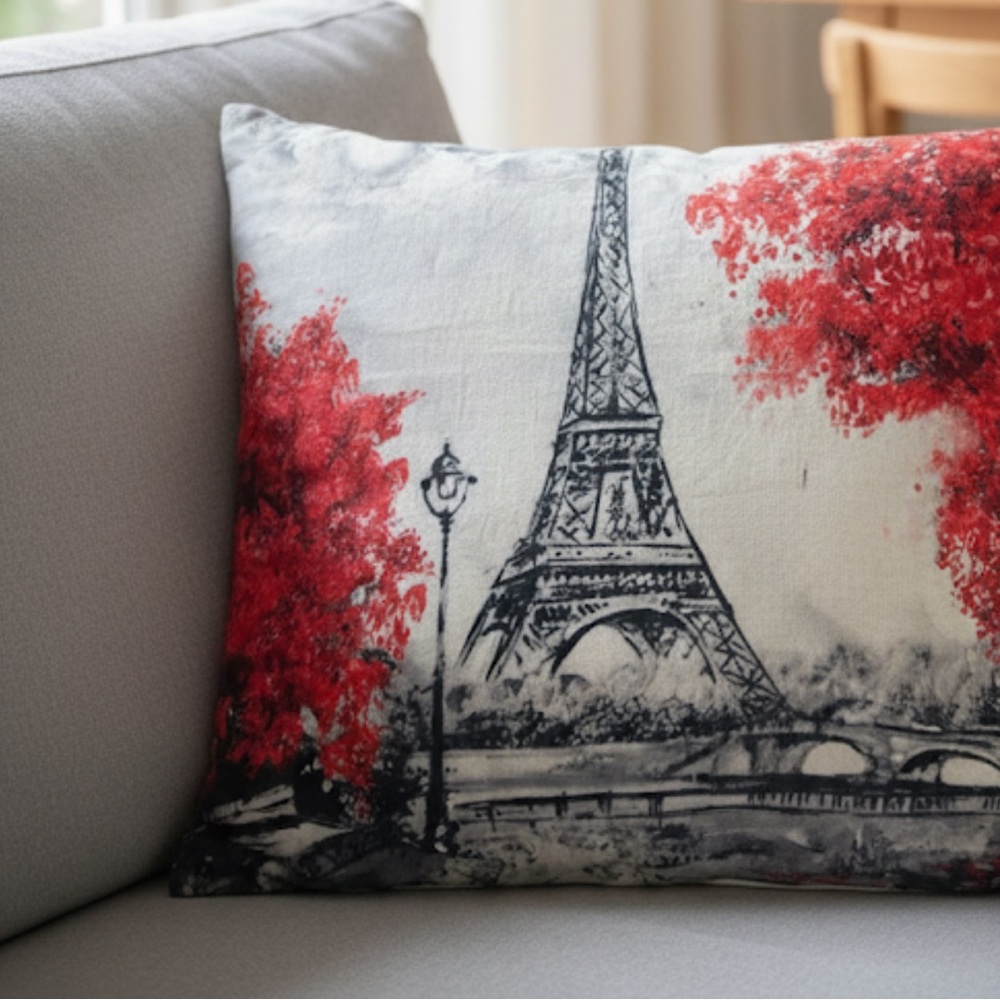 Paris Eiffel Tower Scene Linen Decorative Pillowcase 23.5 x 23.5